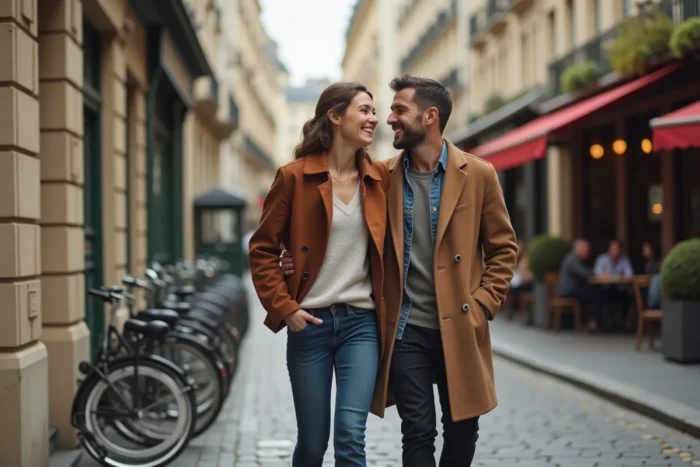 Couple se promenant sur un trottoir parisien devant un immeuble haussmannien, ambiance décontractée et naturelle
