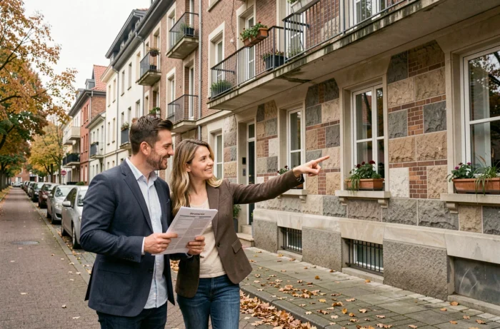 Couple visitant un immeuble locatif résidentiel pour un projet d'investissement immobilier
