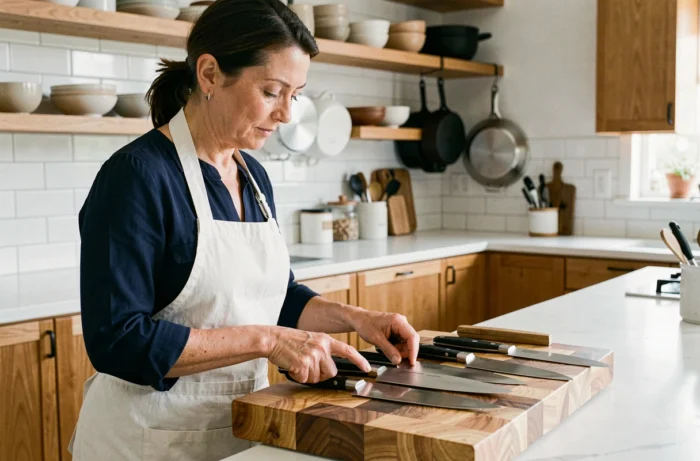 Femme cuisinière à domicile arrangeant des couteaux de chef professionnels sur une planche à découper en bois dans une cuisine moderne