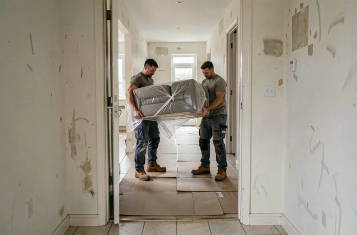 Deux déménageurs portant un canapé emballé lors du débarras complet d'une maison