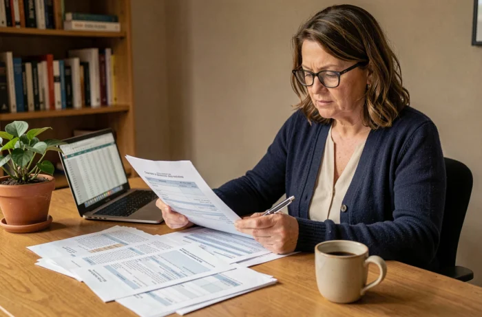 Femme consultant sa déclaration de revenus locatifs meublés à son bureau à domicile