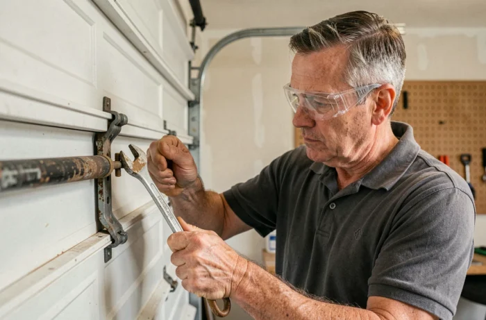 Démontage de l'ancien vérin à gaz en dévissant les supports de fixation sur la porte de garage