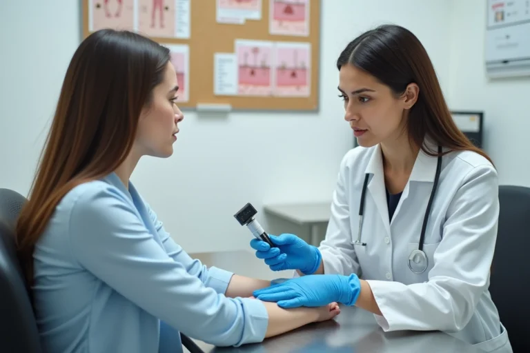 Dermatologue examinant la peau d'une patiente avec un dermatoscope dans un cabinet médical moderne