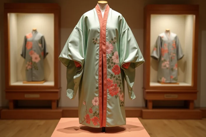 Détail de manches kimono longues en soie avec motifs de glycine sur un présentoir en bois laqué dans un musée textile japonais