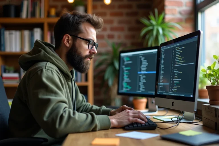 Développeur barbu travaillant sur un projet de logiciel libre depuis son bureau à domicile avec un clavier mécanique et deux écrans Linux