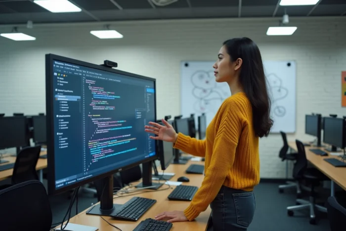 Jeune développeuse présentant sa contribution à un projet open source sur un écran dans un laboratoire informatique universitaire