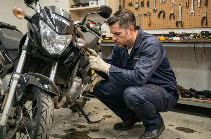 Mécanicien inspectant le faisceau électrique d'une Magpower Avengers 125 dans un atelier de réparation moto professionnel