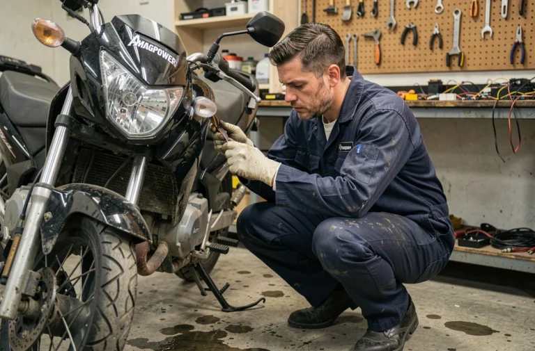 Mécanicien inspectant le faisceau électrique d'une Magpower Avengers 125 dans un atelier de réparation moto professionnel