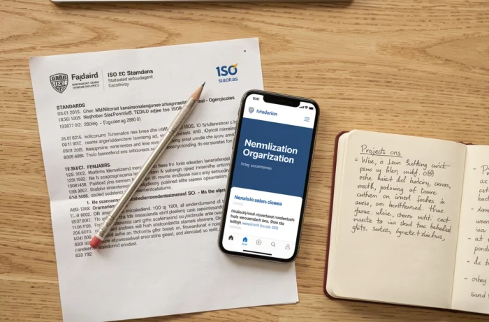 Vue aérienne d'un bureau avec des documents de normes ISO imprimés, un smartphone et des notes de projet