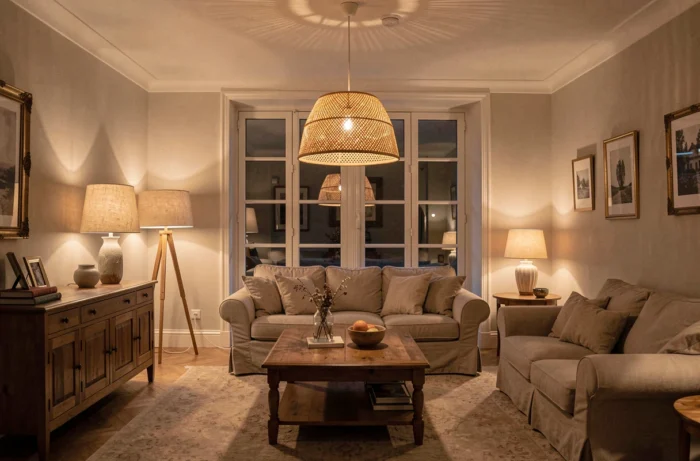 Salon français avec éclairage par zones utilisant lampadaire, lampe de table et suspension en rotin pour remplacer le plafonnier unique