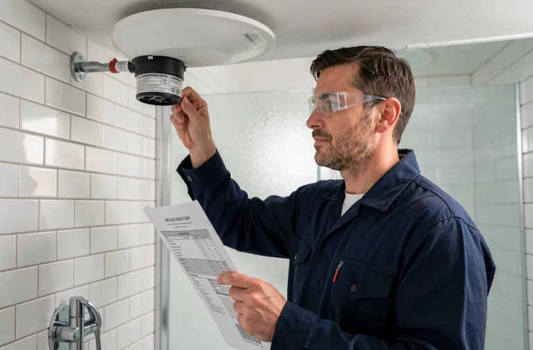 Électricien inspectant un luminaire classe 2 dans une salle de bain carrelée avec fiche technique en main