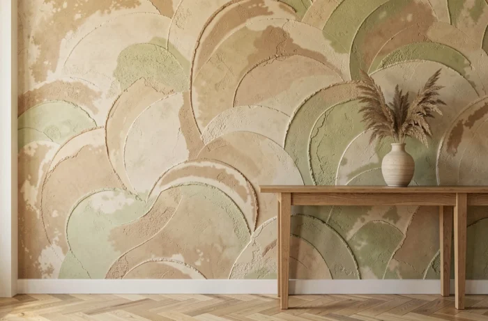 Mur d'accent recouvert d'un enduit à la chaux brute aux textures organiques et finition mate, avec console en bois et vase céramique