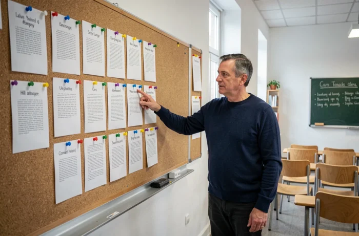 Enseignant présentant un exemplier de textes linguistiques sur un tableau en liège dans une salle de classe
