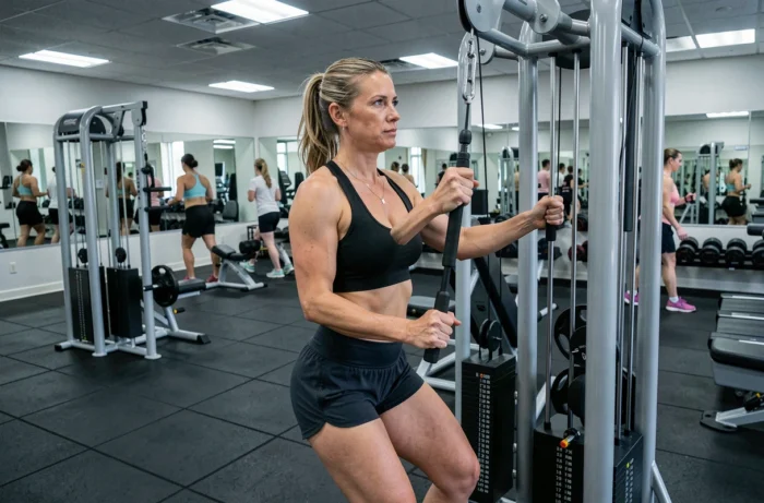 Femme s'entraînant sur un appareil de musculation dans une salle Basic Fit illustrant les avantages de l'abonnement