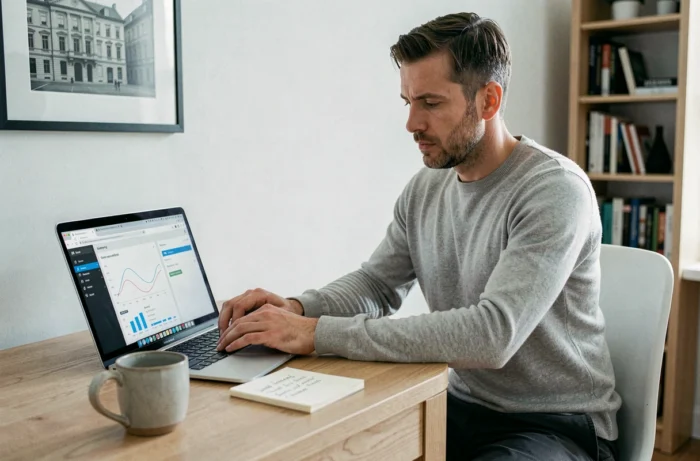 Entrepreneur concentré travaillant sur sa stratégie de développement d'entreprise depuis son bureau à domicile en 2024
