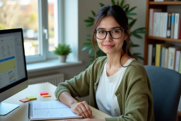 Femme cheffe d'entreprise travaillant depuis son bureau à domicile avec planificateur et tableau de bord numérique