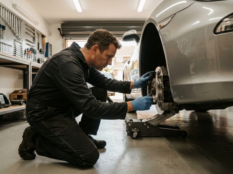 Homme en combinaison de mécanicien inspectant les freins d'une voiture de sport dans un garage privé bien équipé