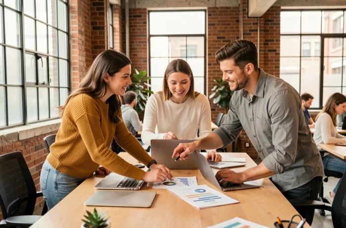 Équipe de jeunes professionnels collaborant autour d'une table dans un espace de coworking moderne pour progresser dans leur carrière