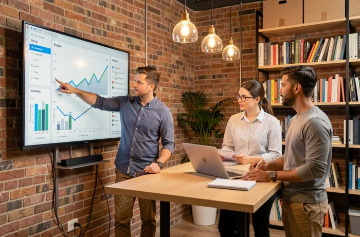 Équipe professionnelle diversifiée collaborant sur des indicateurs de croissance pour développer leur entreprise efficacement