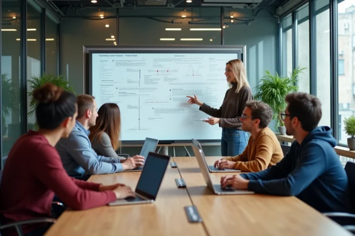 Équipe de développeurs collaborant autour d'une table dans un espace de coworking lors d'une réunion de contribution à un projet open source