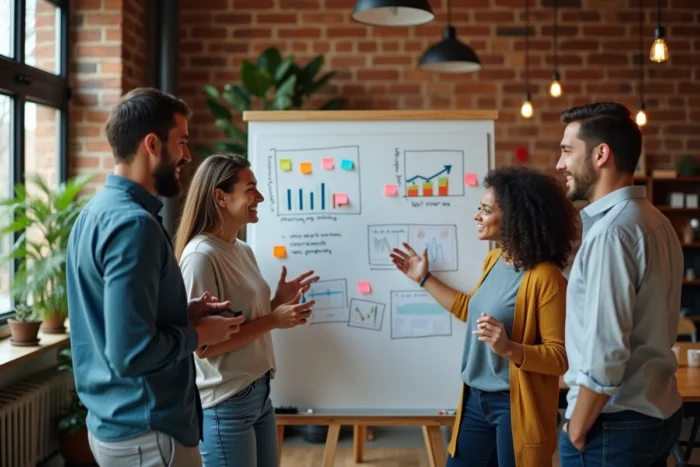 Équipe de professionnels en réunion stratégique dans un espace de coworking avec tableau de tendances