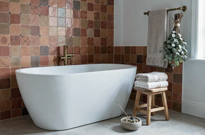 Espace méditation et mini spa dans une salle de bain avec baignoire îlot, carrelage zellige terracotta, serviettes en lin et eucalyptus séché
