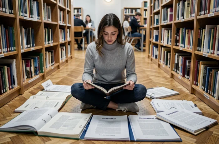 Jeune femme étudiant un exemplier de documents organisés en classeurs sur le sol d'une bibliothèque universitaire