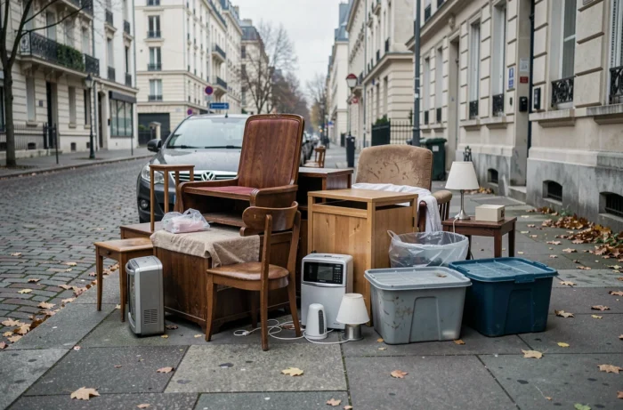 Tas d'objets et meubles déposés sur le trottoir lors du vidage rapide d'un logement