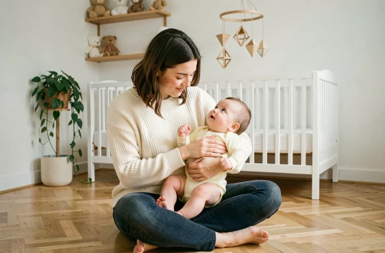Mère et bébé de 6 mois en train de jouer ensemble sur le sol d'une chambre de bébé scandinave lumineuse, ambiance douce et apaisante