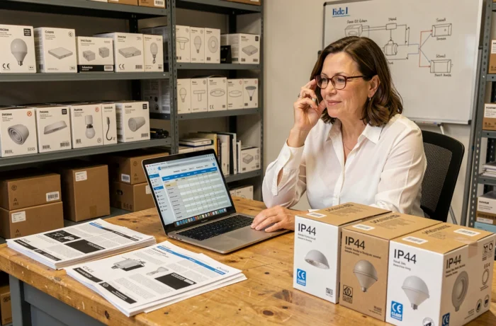 Femme experte en éclairage consultant des catalogues et emballages de luminaires avec certifications IP44 et classe 2