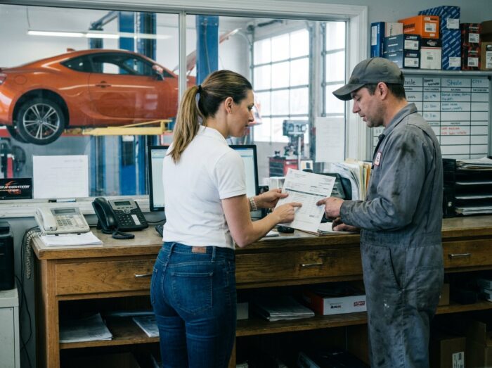 Une femme discute d'une facture d'entretien avec un mécanicien dans un atelier automobile indépendant