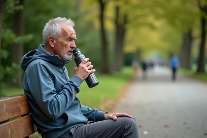 Homme adulte ressentant de la fatigue et une soif excessive lors d'une promenade, signes révélateurs du diabète