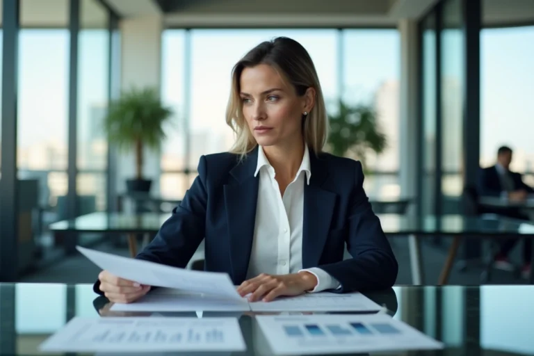 Femme d'affaires analysant des rapports financiers dans un bureau moderne avec vue sur la ville