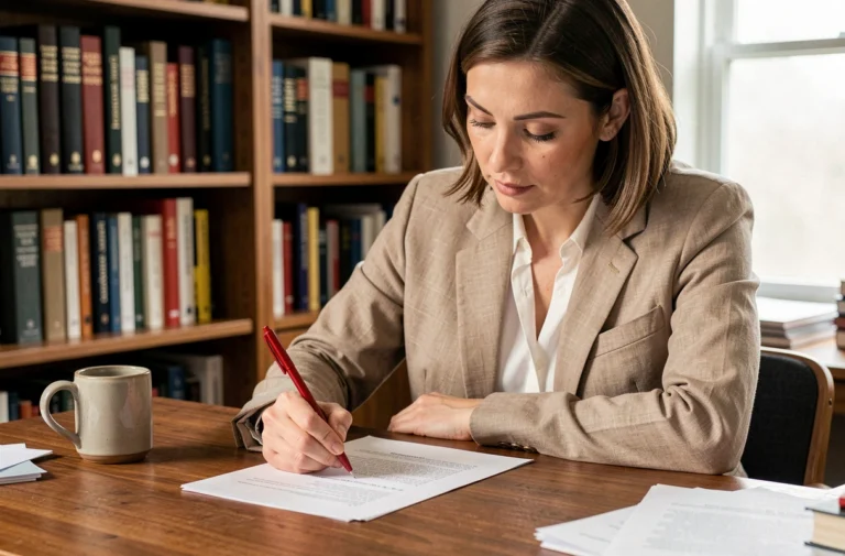 Femme annotant un exemplier imprimé à son bureau avec un stylo rouge dans un bureau à domicile