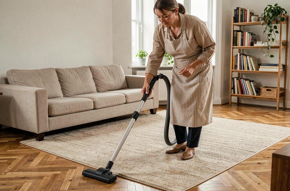 Femme passant l'aspirateur sur un tapis dans un salon bien rangé, astuces entretien maison au quotidien