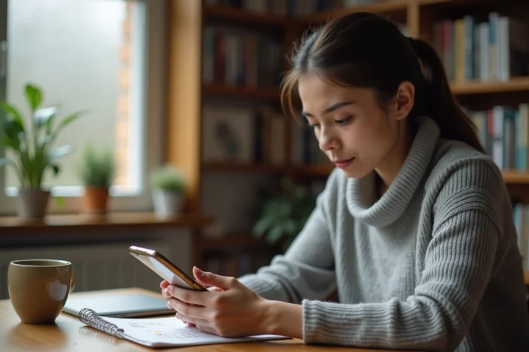 Femme consultant des avis en ligne sur son smartphone, illustrant la fiabilité des avis sur les réseaux sociaux