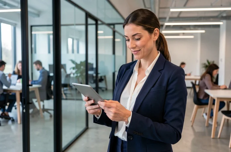 Femme cadre confiante en blazer marine consultant une tablette dans un bureau moderne pour booster sa carrière professionnelle