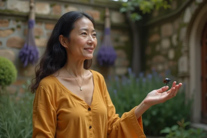 Femme tenant une coccinelle asiatique dans la paume de sa main dans un jardin méditatif, symbole de chance et de connexion spirituelle