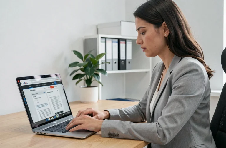 Femme professionnelle consultant des normes en ligne sur un ordinateur portable dans un bureau moderne