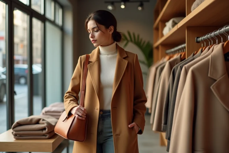Femme élégante en manteau camel feuilletant une sélection de vêtements tendance dans une boutique de mode parisienne minimaliste