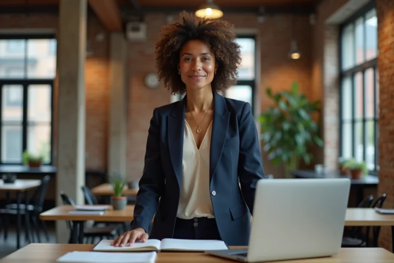 Femme entrepreneure confiante dans un espace de coworking moderne avec cahiers et ordinateur portable