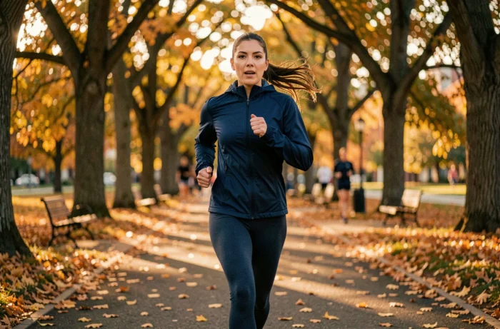 Femme faisant du jogging dans un parc urbain en automne dans le cadre d'une routine santé et bien-être