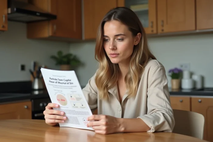Jeune femme lisant une brochure sur les maladies de peau à la table de sa cuisine