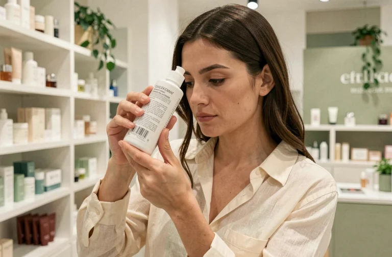 Femme examinant l'étiquette d'un produit cosmétique Nocibé pour vérifier les engagements éthiques et la mention cruelty-free