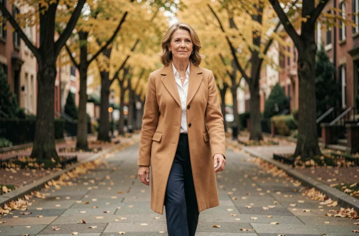 Femme élégante en manteau camel marchant dans une avenue arborée en automne avec des feuilles dorées au sol