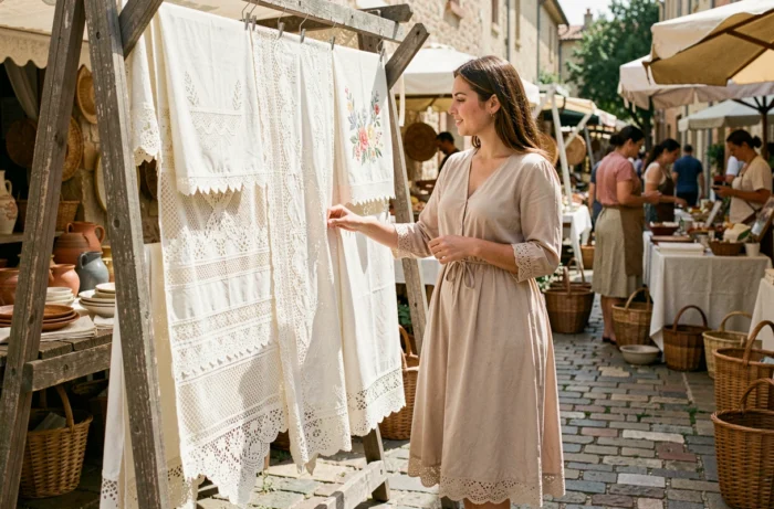 Jeune femme examinant des nappes en dentelle artisanale et des panneaux brodés dans un marché provençal en plein air