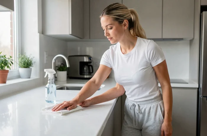 Femme nettoyant le plan de travail de sa cuisine moderne avec un chiffon microfibre, astuces ménage quotidien