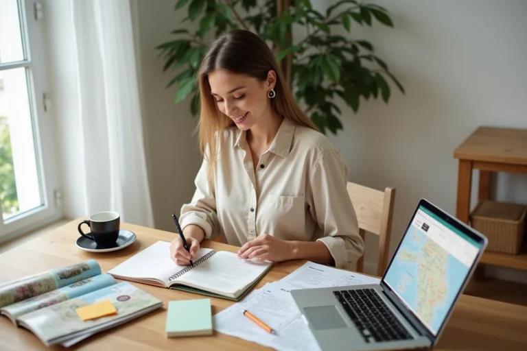 Femme organisant un voyage à la maison avec des magazines, un carnet et un ordinateur portable affichant une carte
