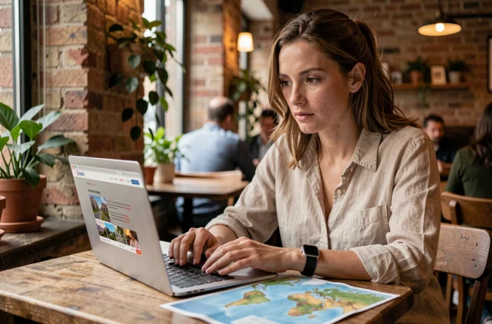Femme consultant un site de voyage connecté sur son ordinateur portable dans un café urbain cosy