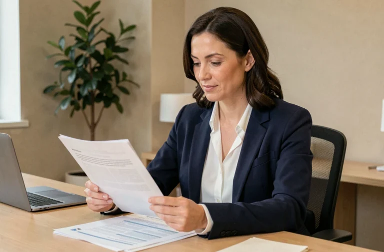 Femme professionnelle consultant des documents d'assurance à son bureau, illustrant le choix de garanties adaptées à ses besoins